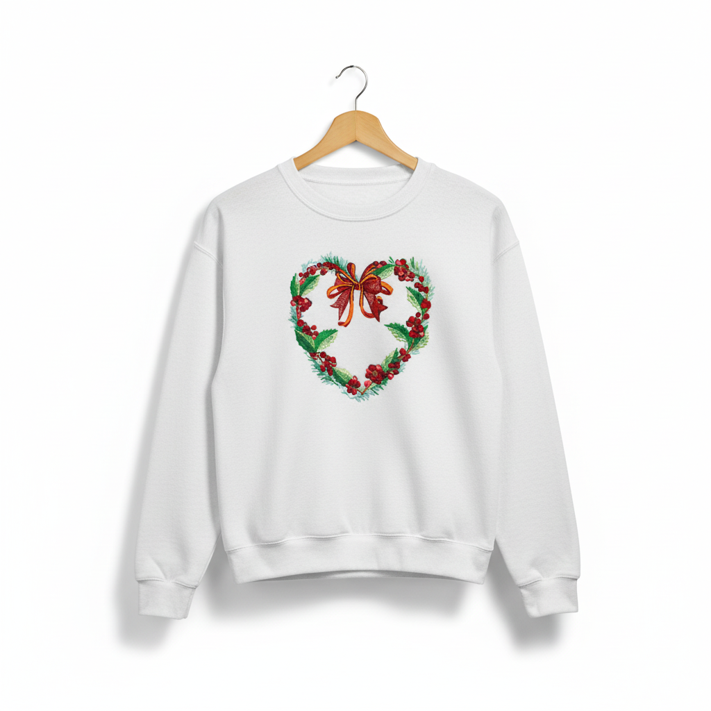 Holly Heart Wreath with Bow Machine Embroidered Sweatshirt – Hand Finished in Dubai | EmbroMania