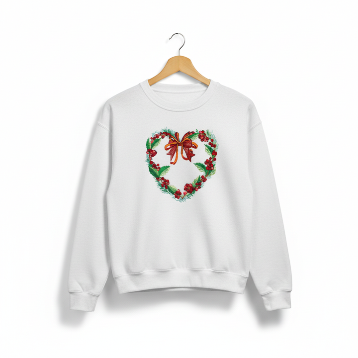 Holly Heart Wreath with Bow Machine Embroidered Sweatshirt – Hand Finished in Dubai | EmbroMania