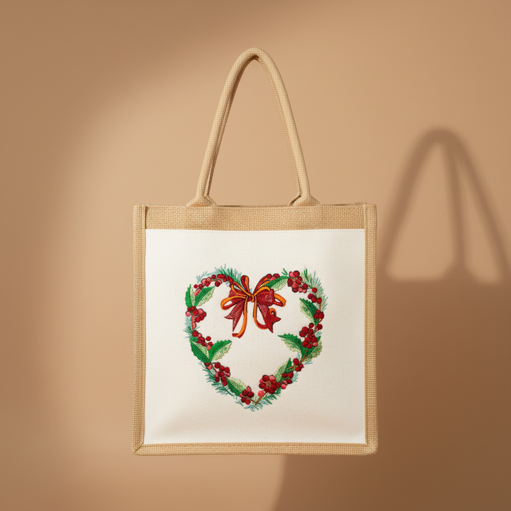 Holly Heart Wreath with Bow Machine Embroidered Sweatshirt – Hand Finished in Dubai | EmbroMania