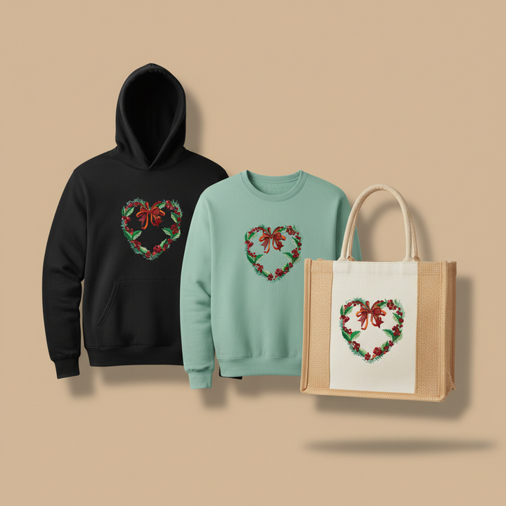 Holly Heart Wreath with Bow Machine Embroidered Sweatshirt – Hand Finished in Dubai | EmbroMania
