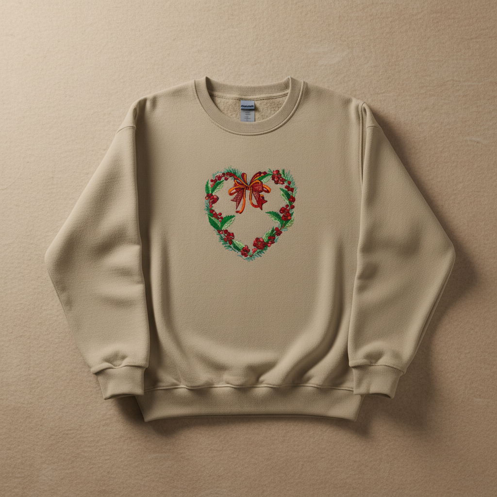 Holly Heart Wreath with Bow Machine Embroidered Sweatshirt – Hand Finished in Dubai | EmbroMania