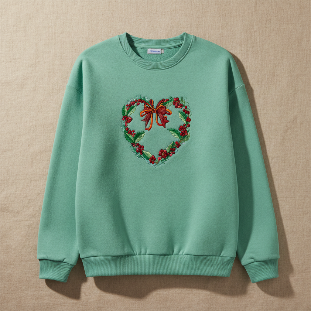 Holly Heart Wreath with Bow Machine Embroidered Sweatshirt – Hand Finished in Dubai | EmbroMania