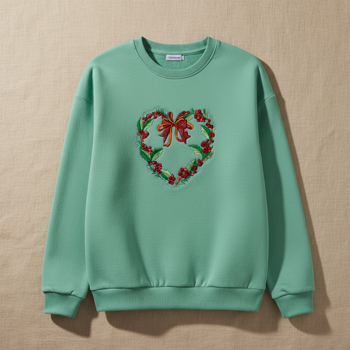 Holly Heart Wreath with Bow Machine Embroidered Sweatshirt – Hand Finished in Dubai | EmbroMania
