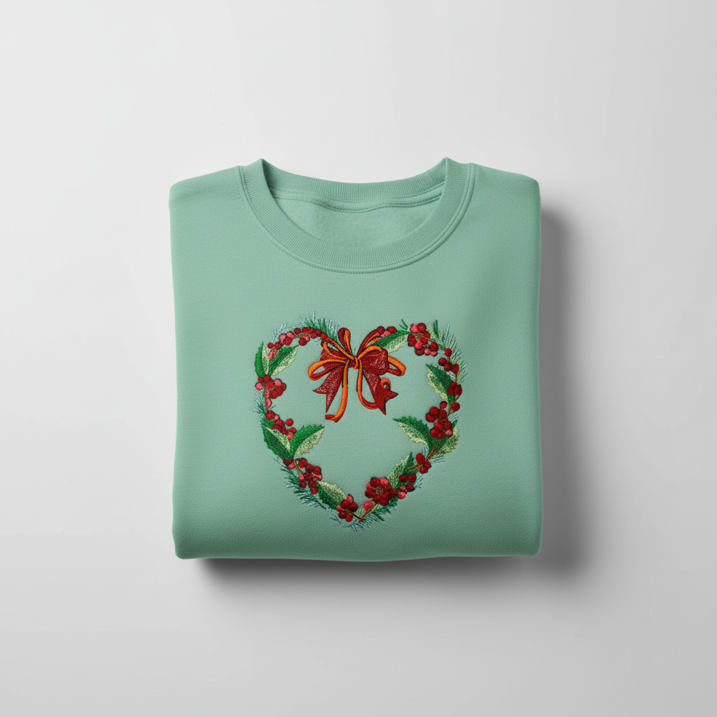 Holly Heart Wreath with Bow Machine Embroidered Sweatshirt – Hand Finished in Dubai | EmbroMania
