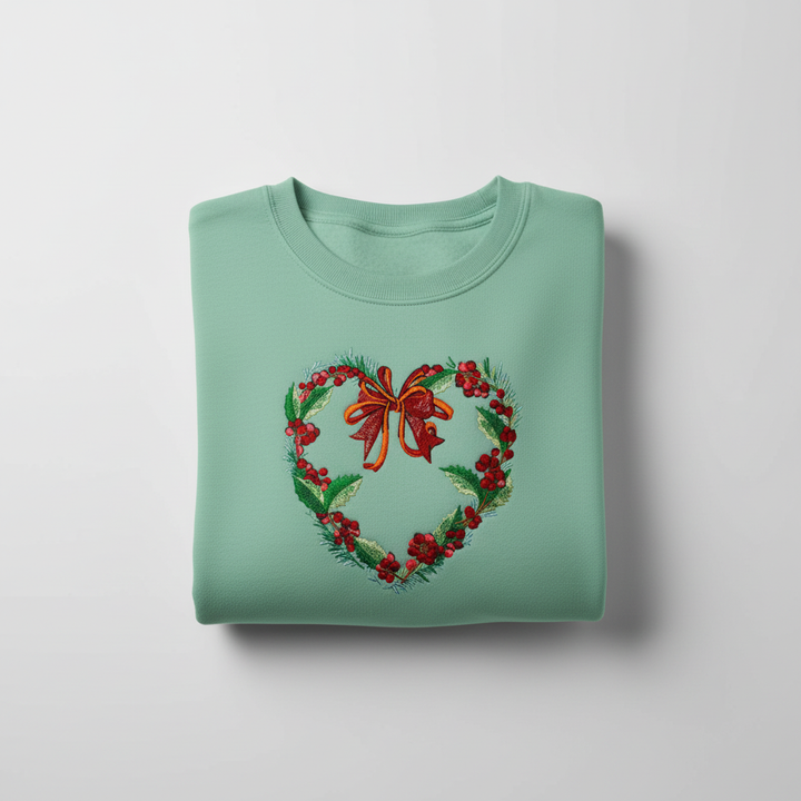 Holly Heart Wreath with Bow Machine Embroidered Sweatshirt – Hand Finished in Dubai | EmbroMania