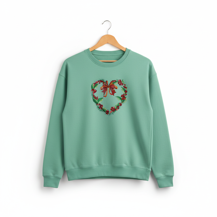 Holly Heart Wreath with Bow Machine Embroidered Sweatshirt – Hand Finished in Dubai | EmbroMania