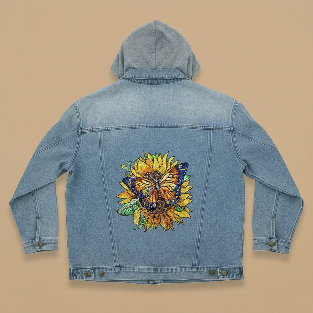 Denim Soul Machine Embroidered Denim Hoodie Jacket – Hand Finished in Dubai | EmbroMania