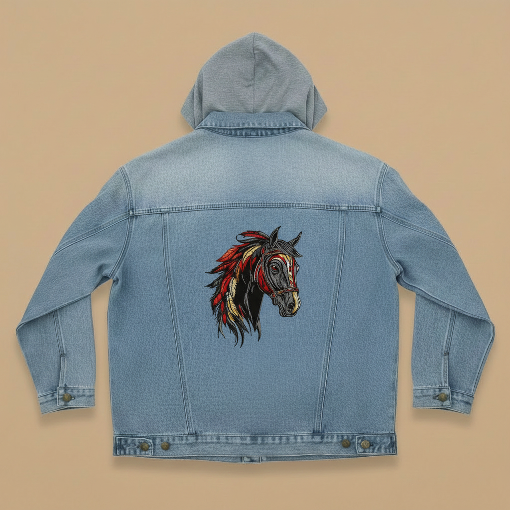 Denim Soul Machine Embroidered Denim Hoodie Jacket – Hand Finished in Dubai | EmbroMania