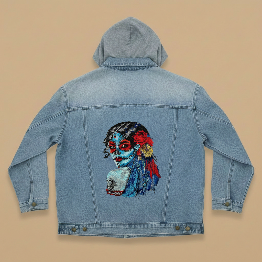 Denim Soul Machine Embroidered Denim Hoodie Jacket – Hand Finished in Dubai | EmbroMania