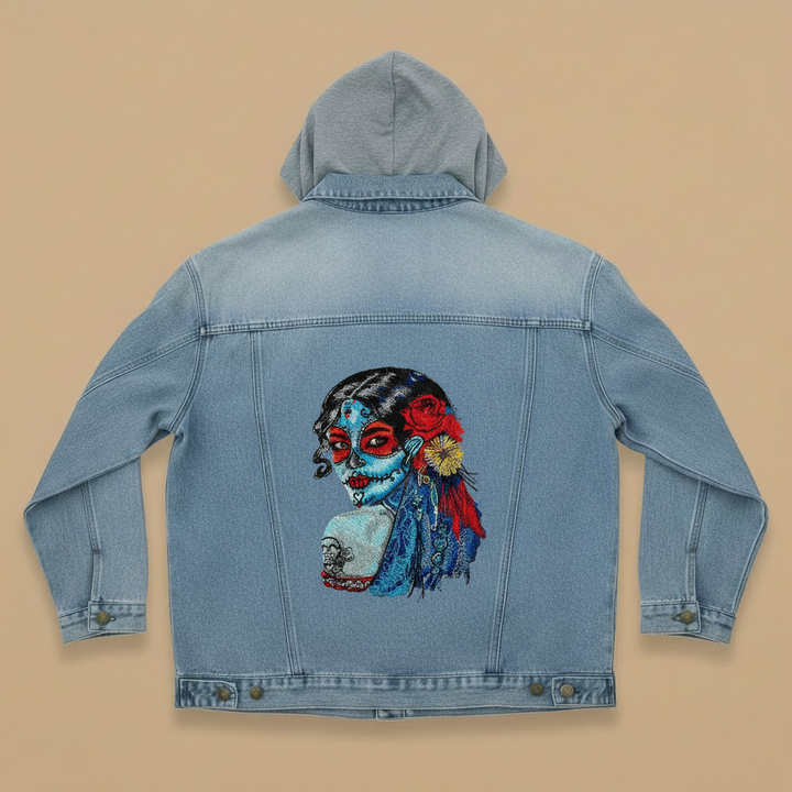Denim Soul Machine Embroidered Denim Hoodie Jacket – Hand Finished in Dubai | EmbroMania