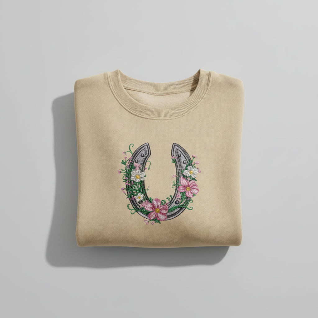 Floral Horseshoe Charm — Premium Embroidered Sweatshirt | Original EmbroMania Design