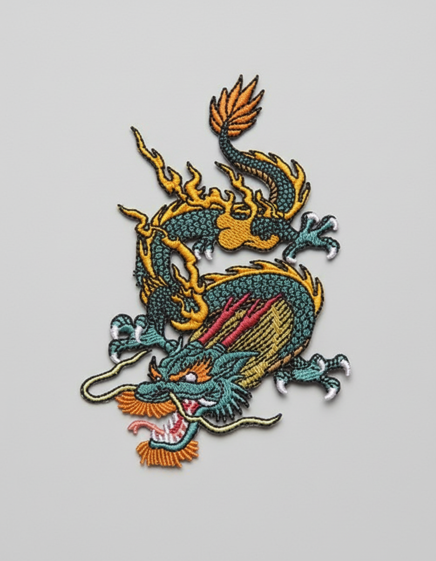 Colorful imperial dragon embroidery patch featuring a coiled teal dragon with orange flame accents, red and gold details, whiskers, and clawed feet, stitched with bold black outline on a light background, original EmbroMania artwork.