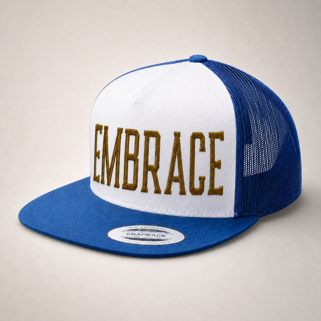 Blue and white trucker hat with &
