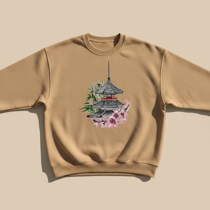 Pagoda Sakura — Premium Embroidered Unisex Crewneck | Original EmbroMania Design