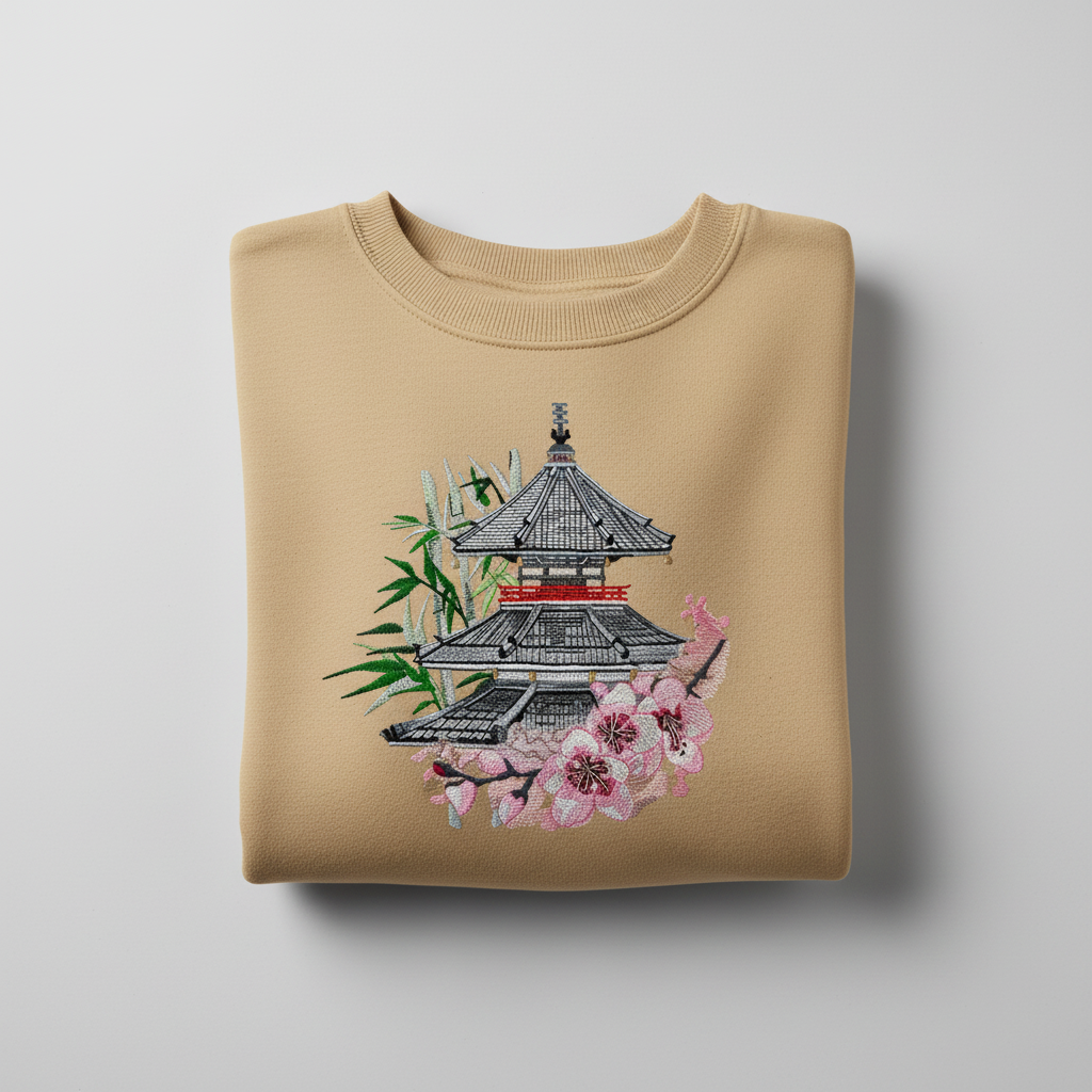 Pagoda Sakura — Premium Embroidered Unisex Crewneck | Original EmbroMania Design