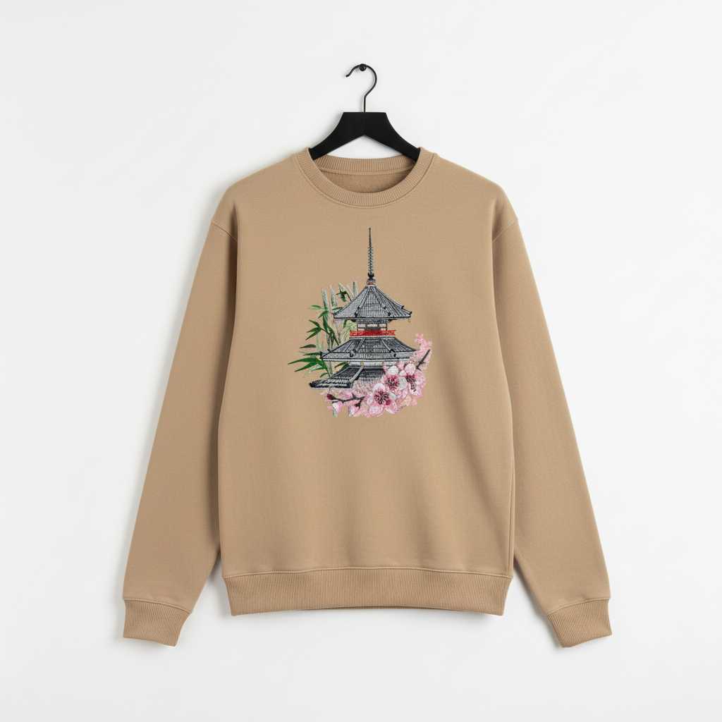 Pagoda Sakura — Premium Embroidered Unisex Crewneck | Original EmbroMania Design