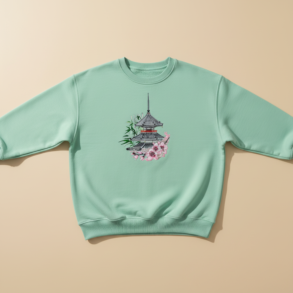 Pagoda Sakura — Premium Embroidered Unisex Crewneck | Original EmbroMania Design