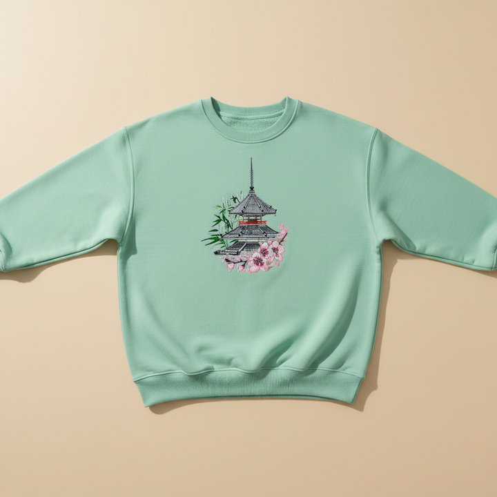 Pagoda Sakura — Premium Embroidered Unisex Crewneck | Original EmbroMania Design