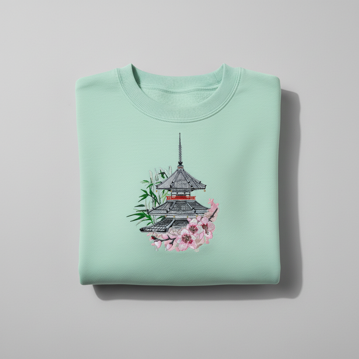 Pagoda Sakura — Premium Embroidered Unisex Crewneck | Original EmbroMania Design