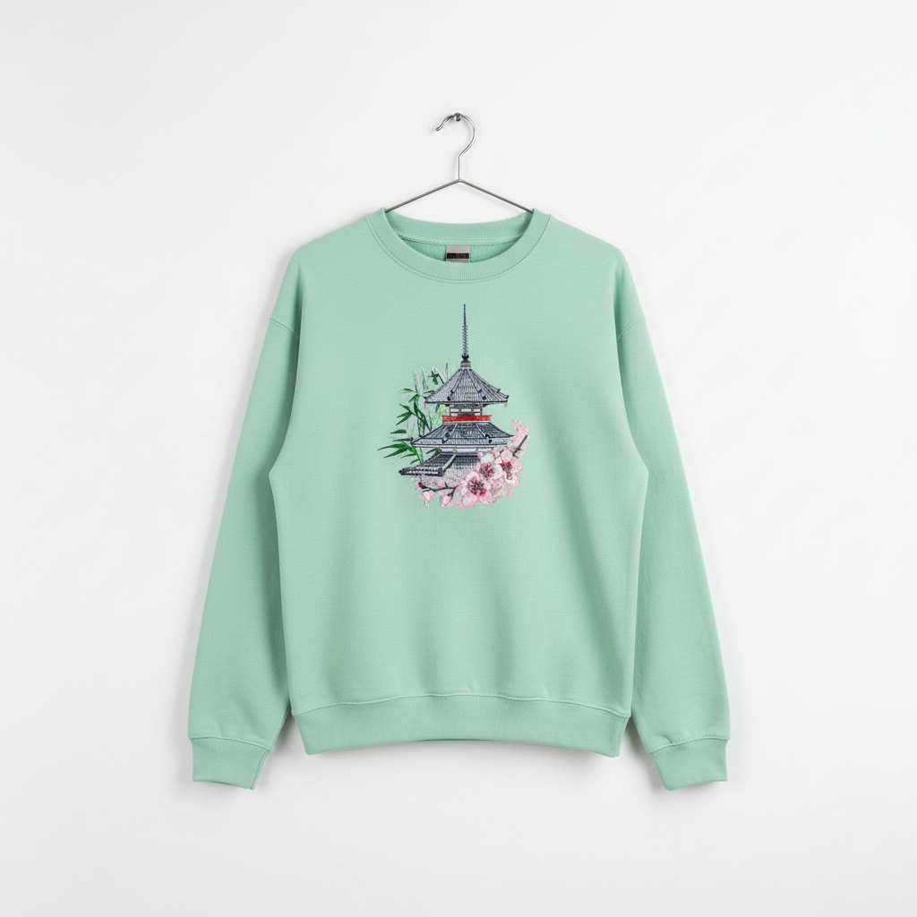 Pagoda Sakura — Premium Embroidered Unisex Crewneck | Original EmbroMania Design