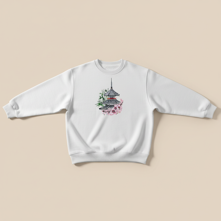 Pagoda Sakura — Premium Embroidered Unisex Crewneck | Original EmbroMania Design