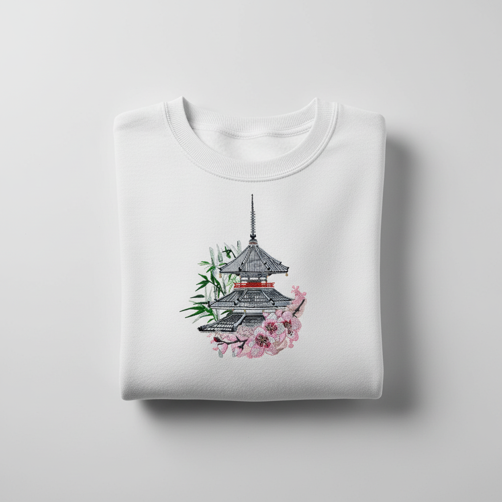 Pagoda Sakura — Premium Embroidered Unisex Crewneck | Original EmbroMania Design