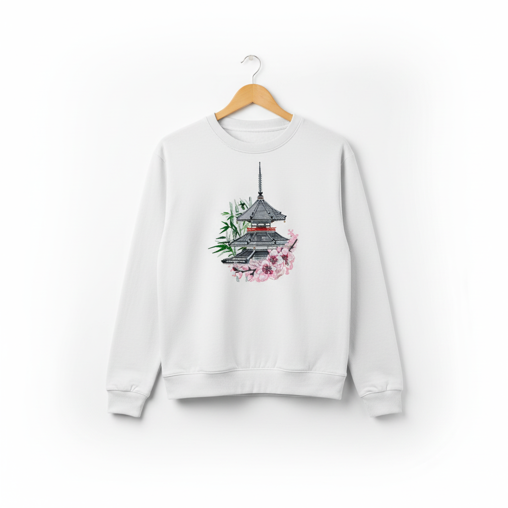 Pagoda Sakura — Premium Embroidered Unisex Crewneck | Original EmbroMania Design