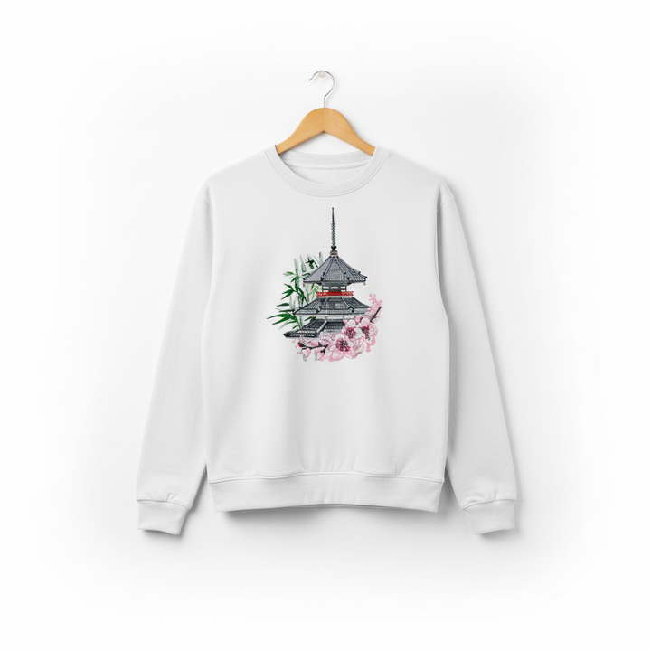 Pagoda Sakura — Premium Embroidered Unisex Crewneck | Original EmbroMania Design