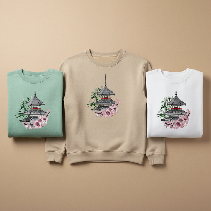 Pagoda Sakura — Premium Embroidered Unisex Crewneck | Original EmbroMania Design