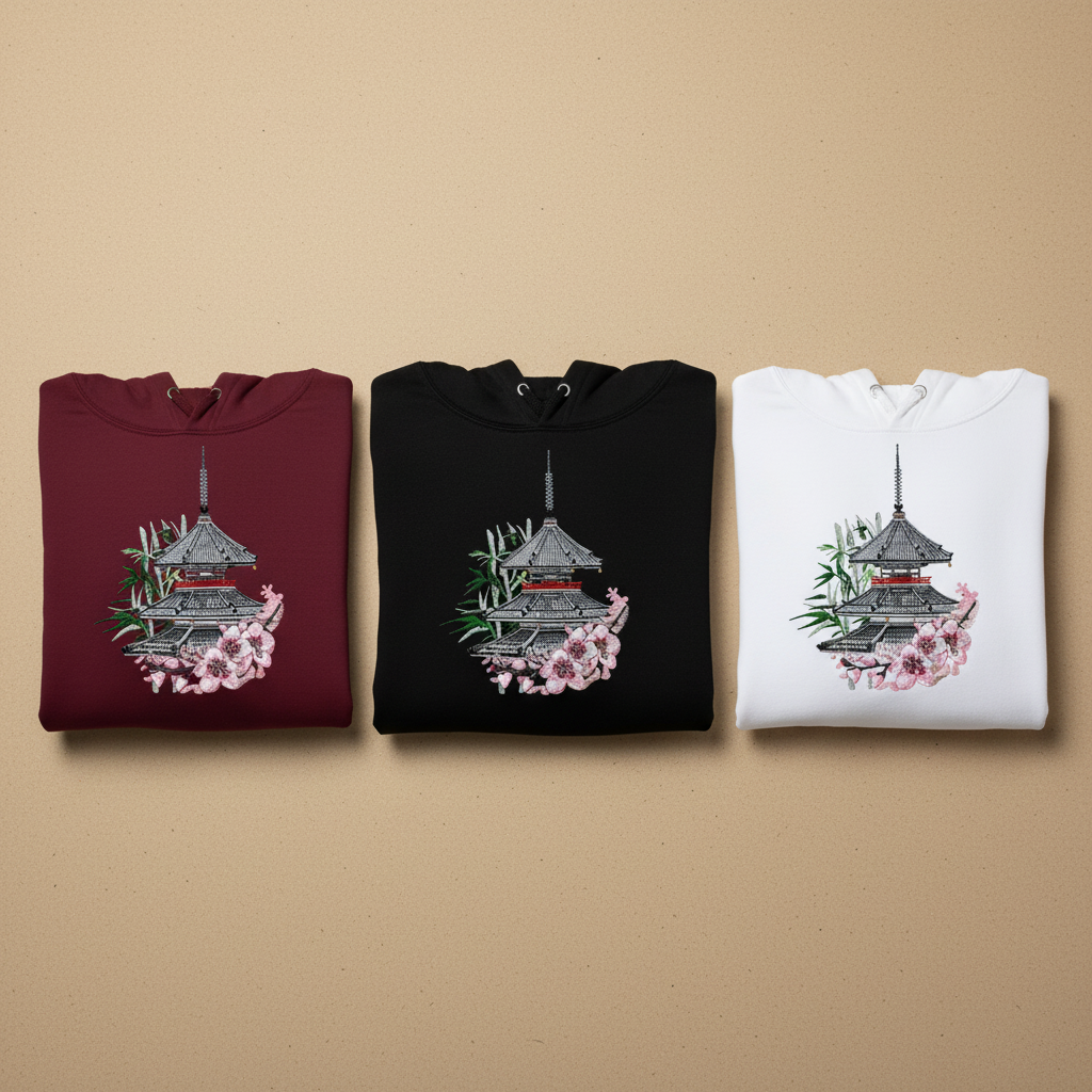 Three folded hoodies in red, black, and white with a pagoda design on a beige background