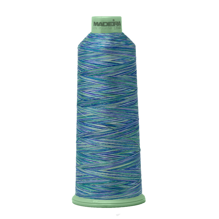 Spool of blue and green thread with a visible brand label on a white background
