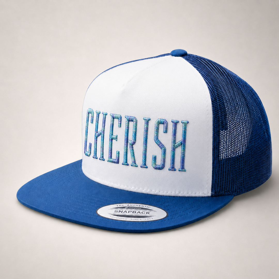 Blue and white cap with &