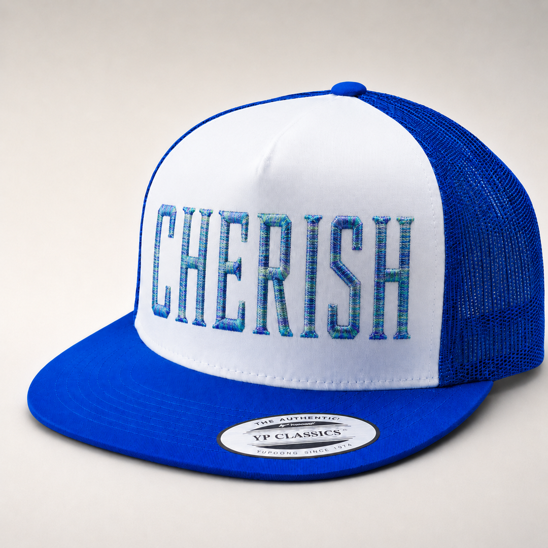 Blue and white cap with &