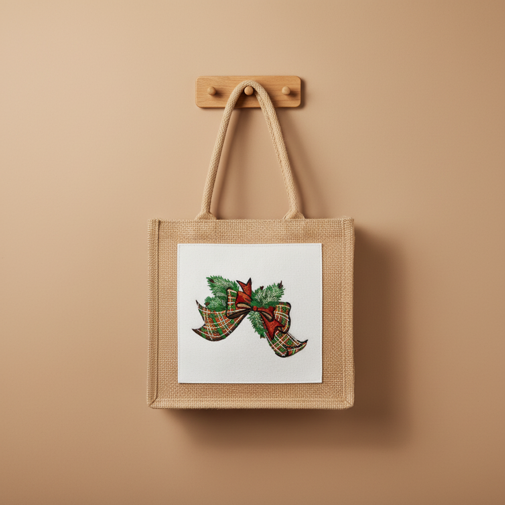 Tartan Ribbon &amp; Evergreen Bow — Premium Embroidered Collection | Hoodie • Sweatshirt • Jute Tote | Original EmbroMania Design