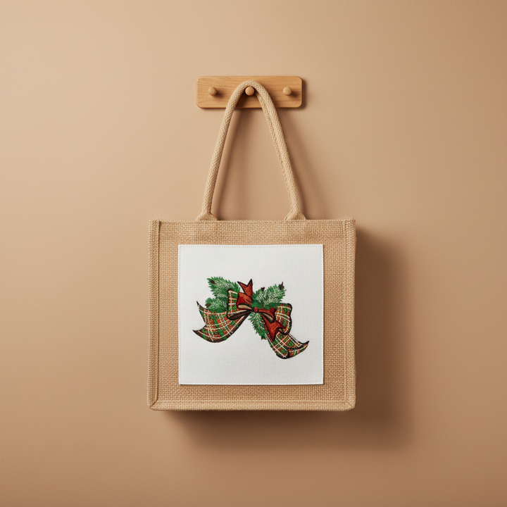 Tartan Ribbon &amp; Evergreen Bow — Premium Embroidered Collection | Hoodie • Sweatshirt • Jute Tote | Original EmbroMania Design
