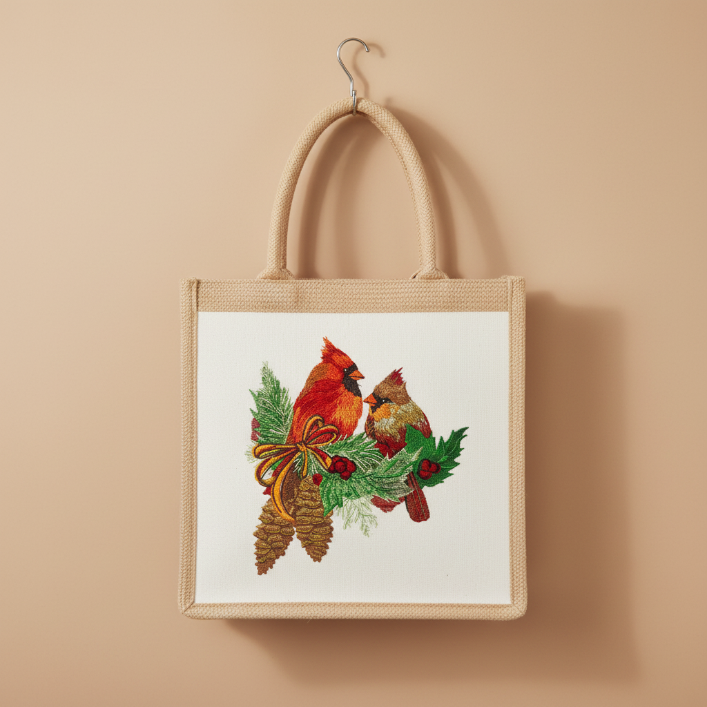 Cardinal Pair with Pinecones — Premium Embroidered Collection | Hoodie • Sweatshirt • Jute Tote | Original EmbroMania Design