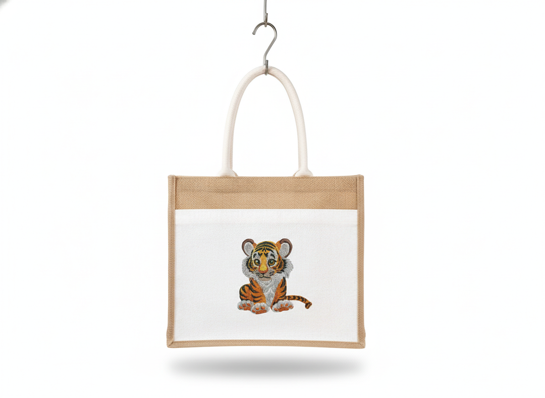 Baby Tiger — Premium Embroidered Jute Tote Handbag