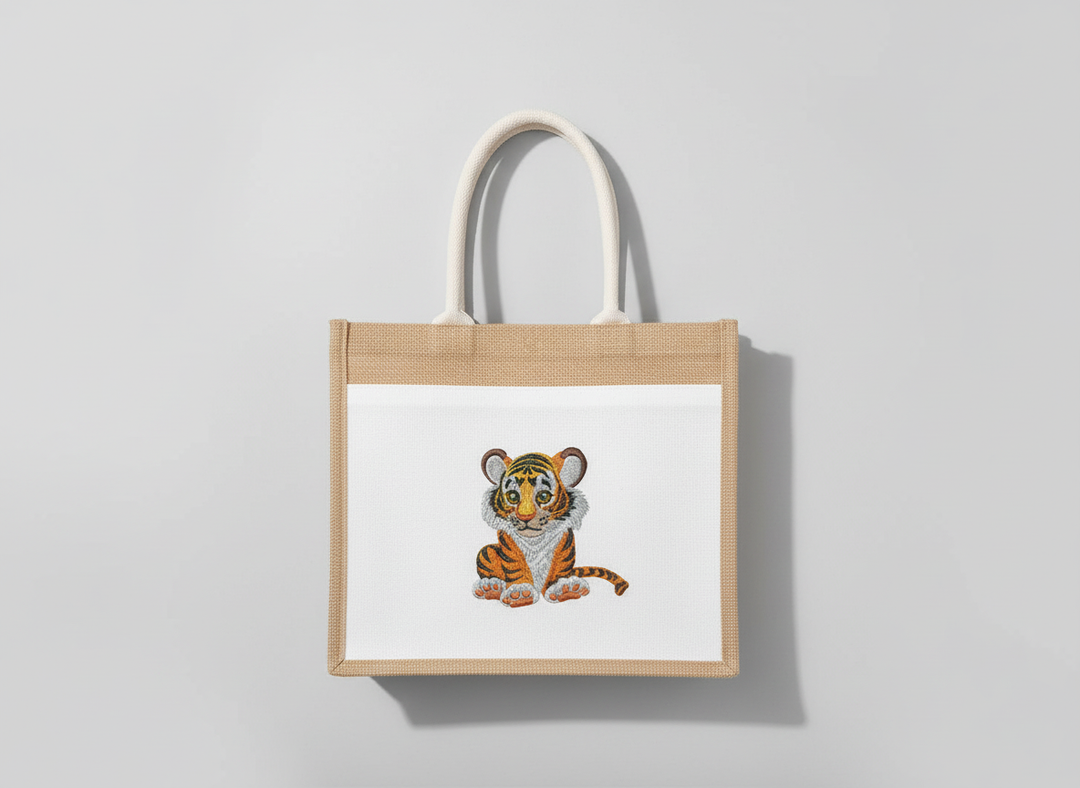 Baby Snow Leopard — Premium Embroidered Jute Tote Handbag