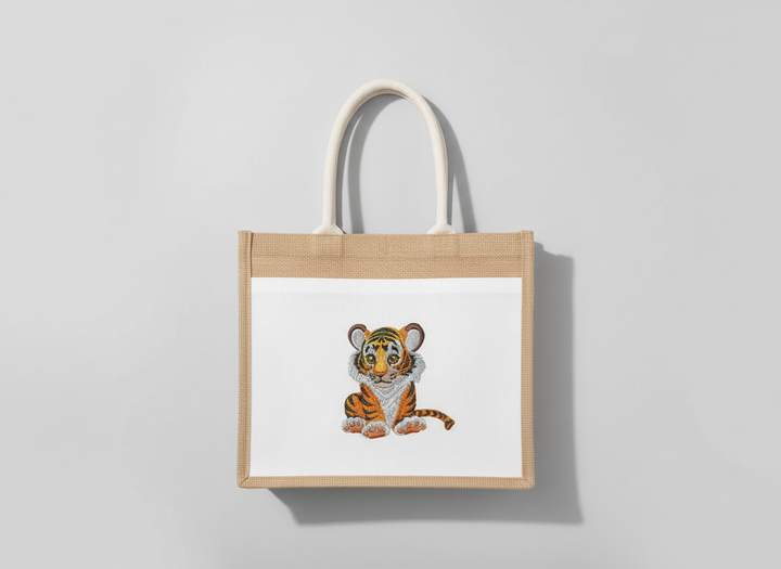 Baby Snow Leopard — Premium Embroidered Jute Tote Handbag