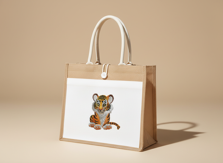 Baby Snow Leopard — Premium Embroidered Jute Tote Handbag