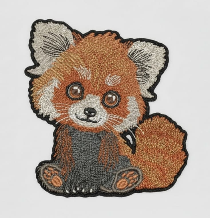 Close-up of a cute embroidered red panda patch with orange and white fur, big round eyes, and a fluffy tail, outlined in black on a light background.

