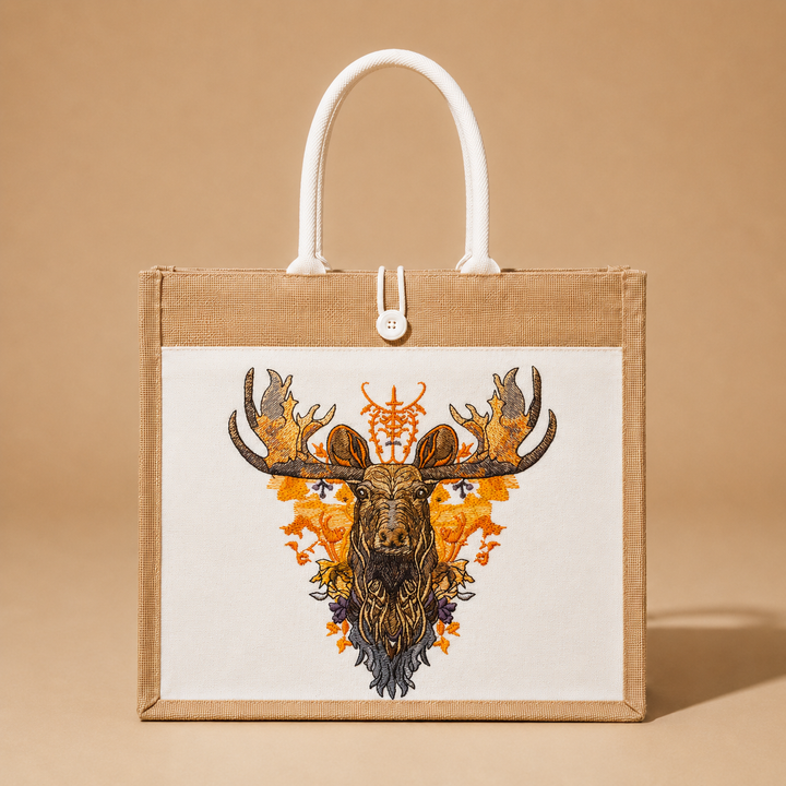 Tote bag with deer head design on a beige background