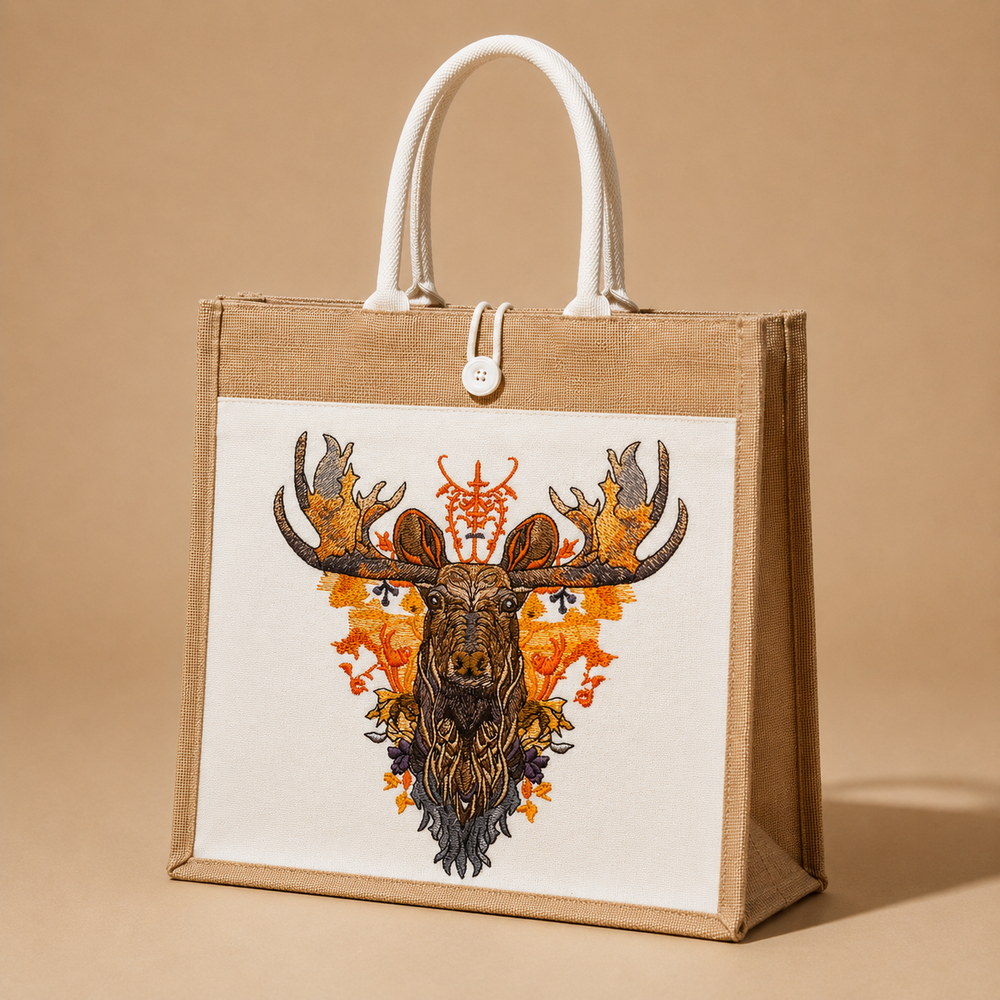 Jute bag with a deer head design on a beige background