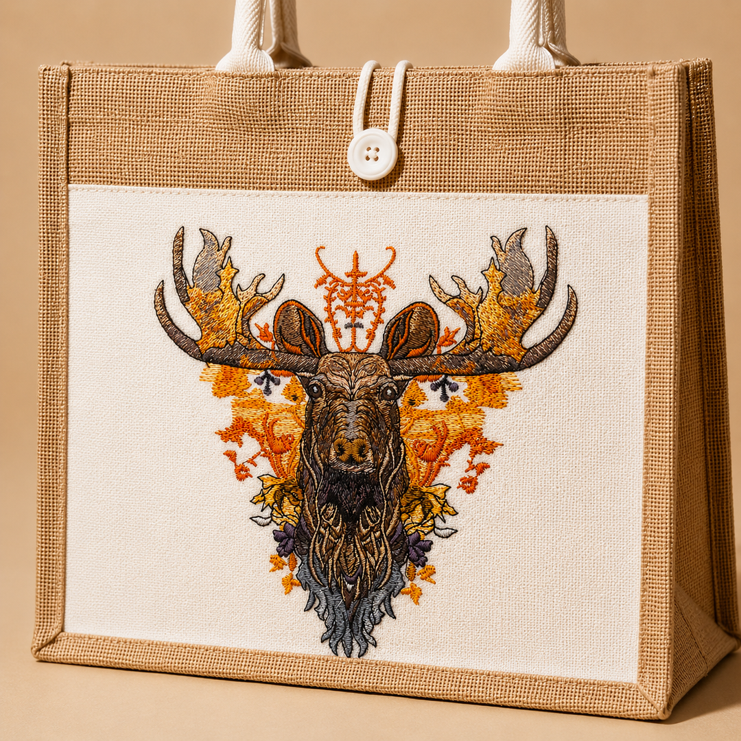 Jute bag with embroidered moose design on a beige background