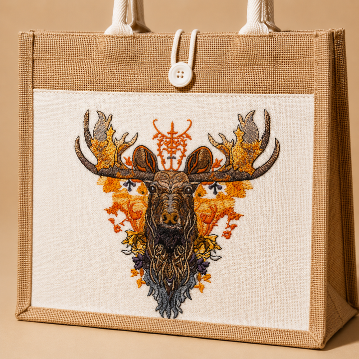 Jute bag with embroidered moose design on a beige background