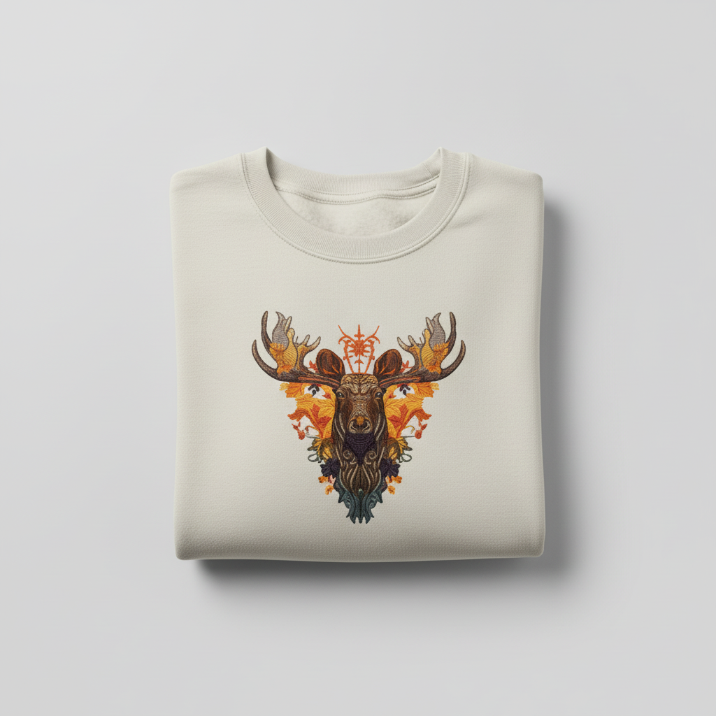 Majestic Autumn Moose — Premium Embroidered Sweatshirt | Original EmbroMania Design