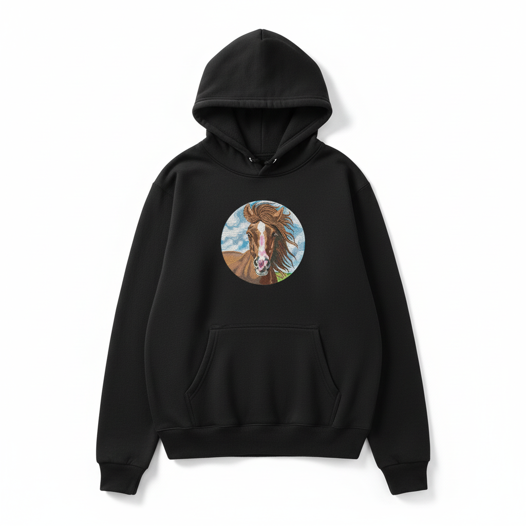 Majestic Horse Portrait — Premium Embroidered Hoodie | Original EmbroMania Design