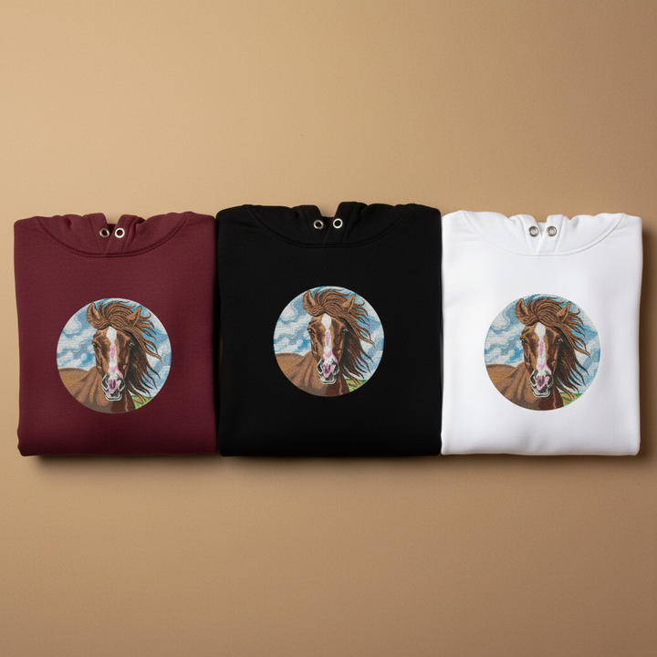Majestic Horse Portrait — Premium Embroidered Hoodie | Original EmbroMania Design