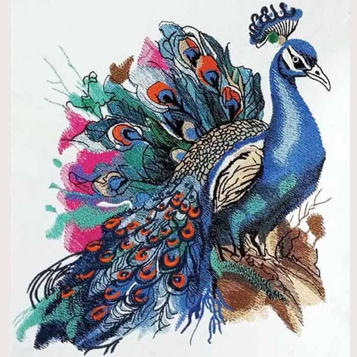 A  featuring a detailed peacock embroidery with iridescent threads on a biodegradable jute base.