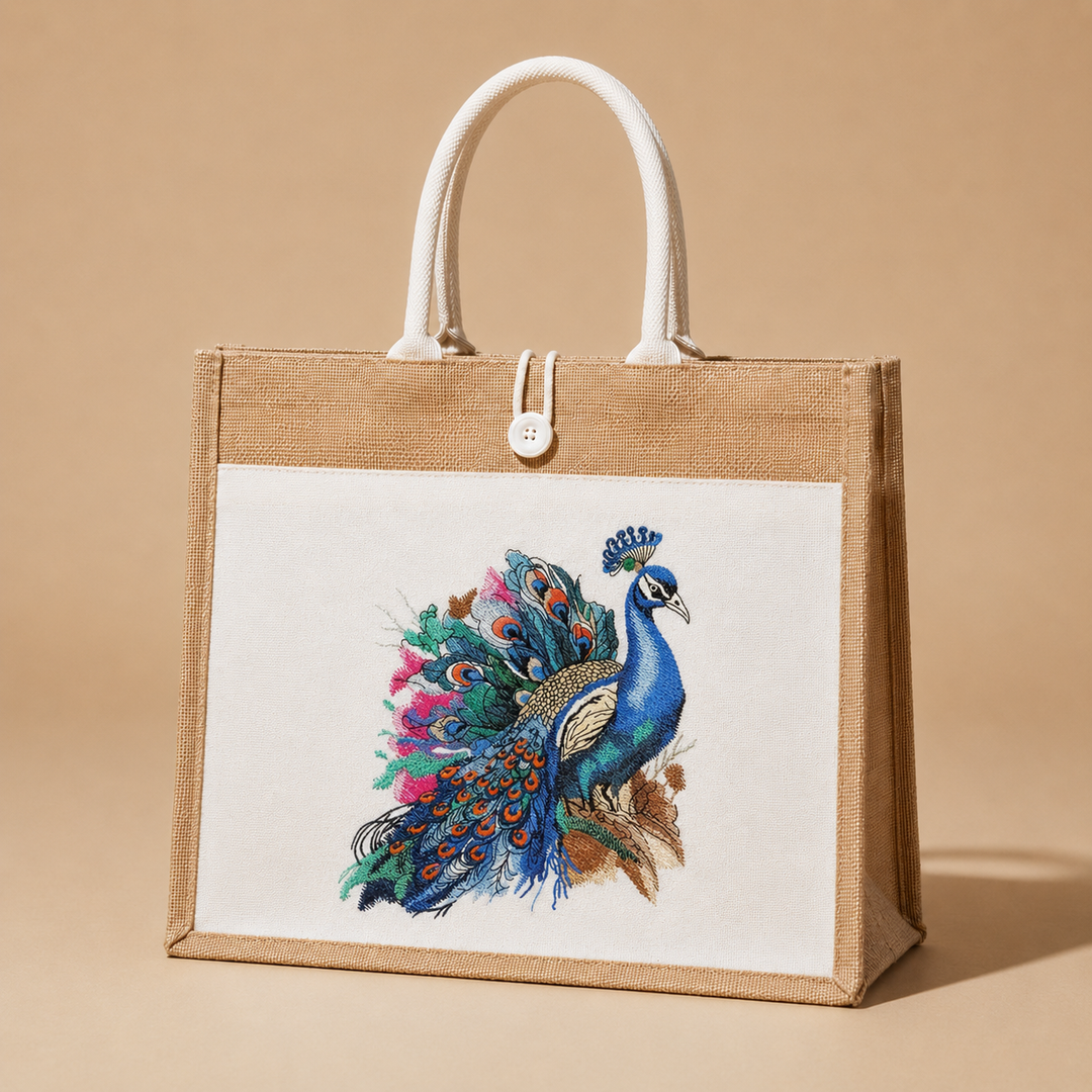Jute bag with embroidered peacock design on a beige background